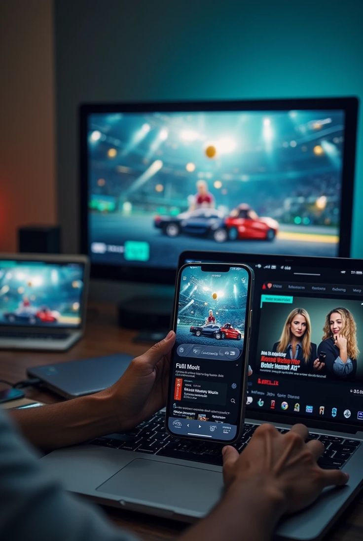 IPTV review displayed on a smart TV showing live sports streaming interface with channels and video player